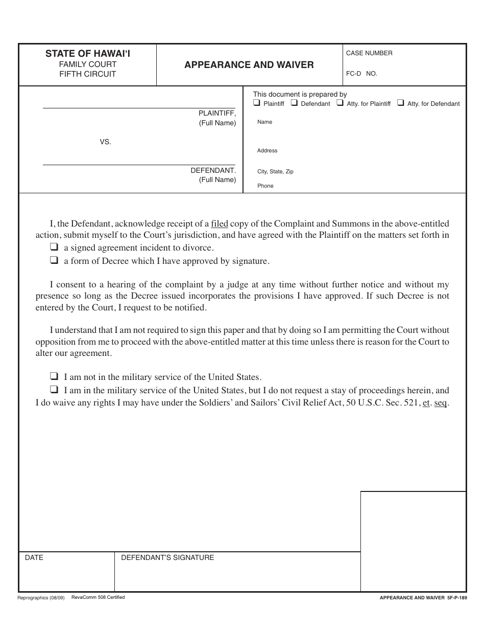 Form 5F-P-183 Uncontested Divorce Without Children (Instructions and Forms) - Hawaii, Page 11