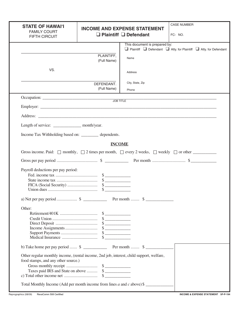 Form 5F-P-183 Uncontested Divorce Without Children (Instructions and Forms) - Hawaii, Page 17