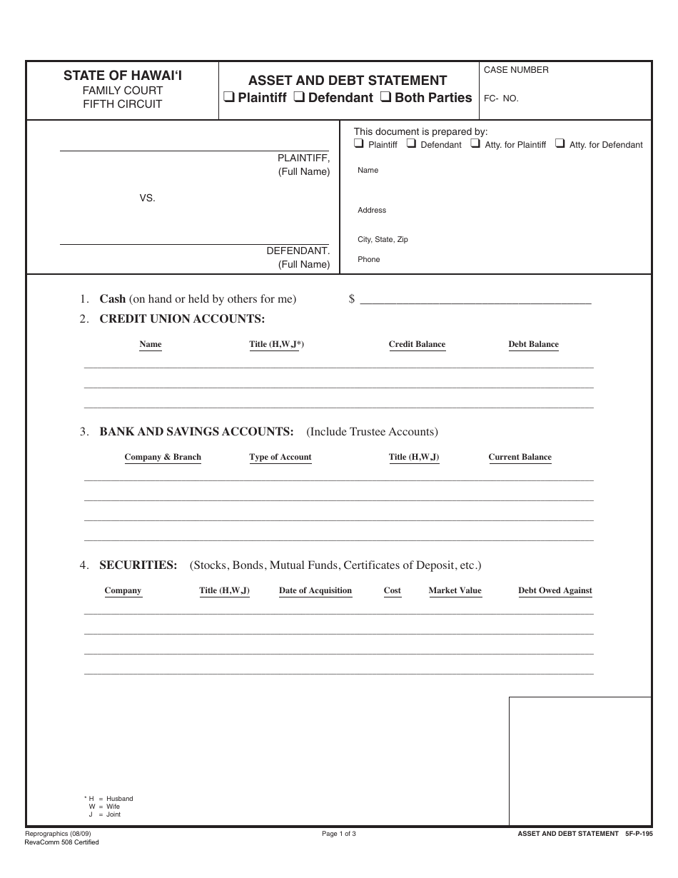 Form 5F-P-183 Uncontested Divorce Without Children (Instructions and Forms) - Hawaii, Page 19