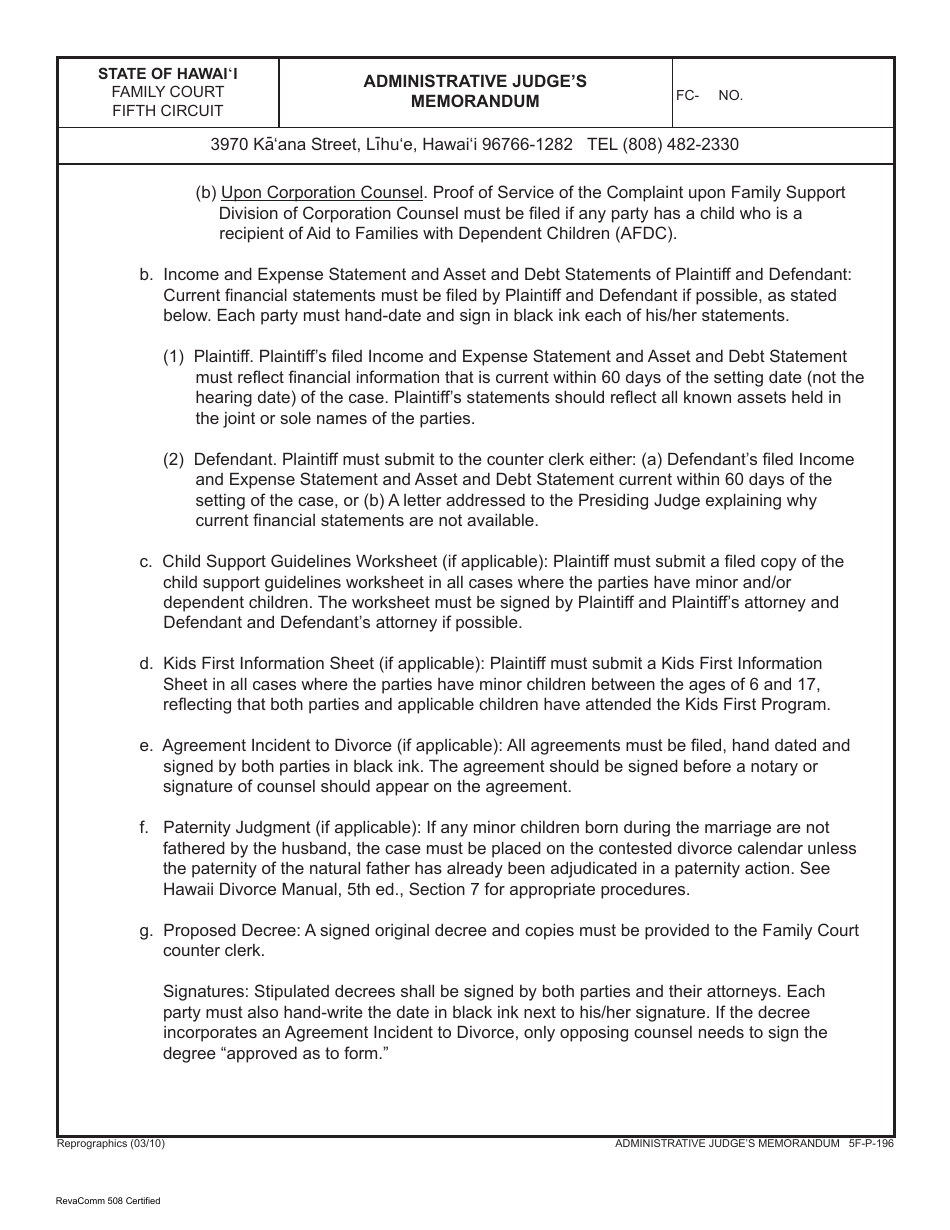 Form 5F-P-183 Uncontested Divorce Without Children (Instructions and Forms) - Hawaii, Page 23