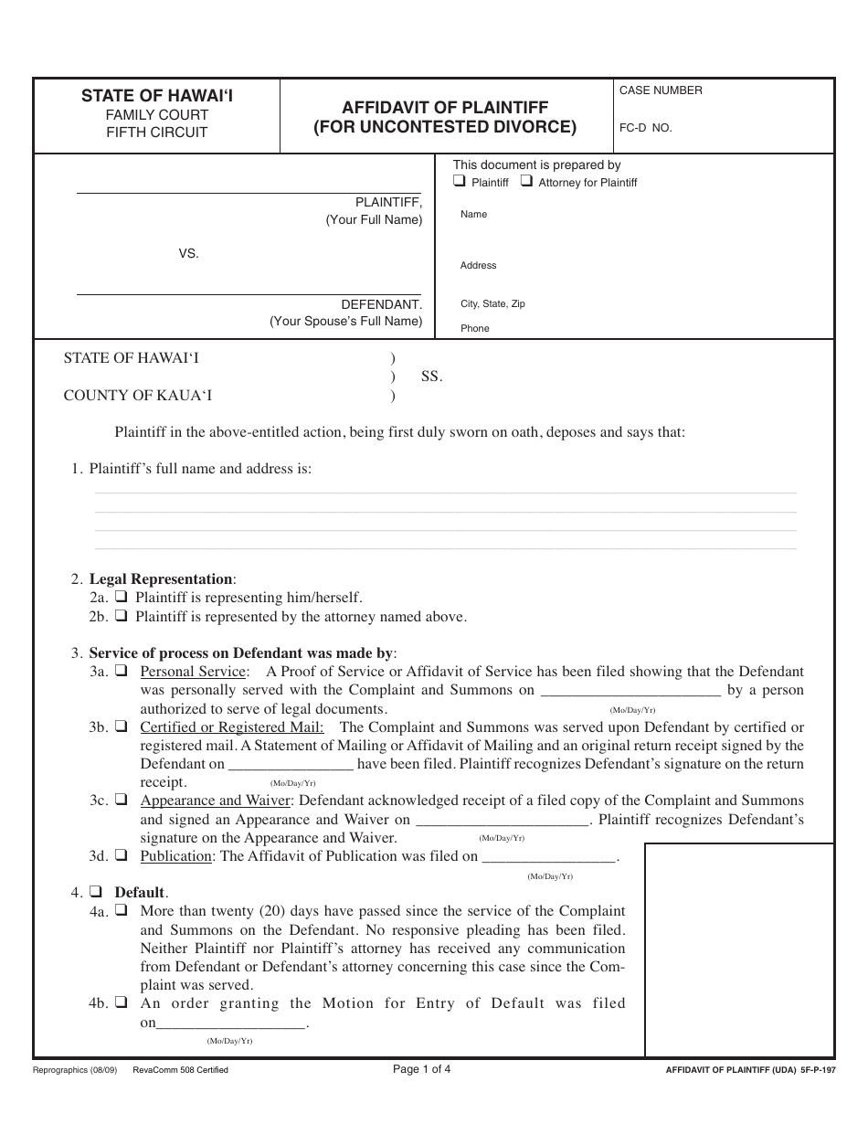 Form 5F-P-183 Uncontested Divorce Without Children (Instructions and Forms) - Hawaii, Page 25