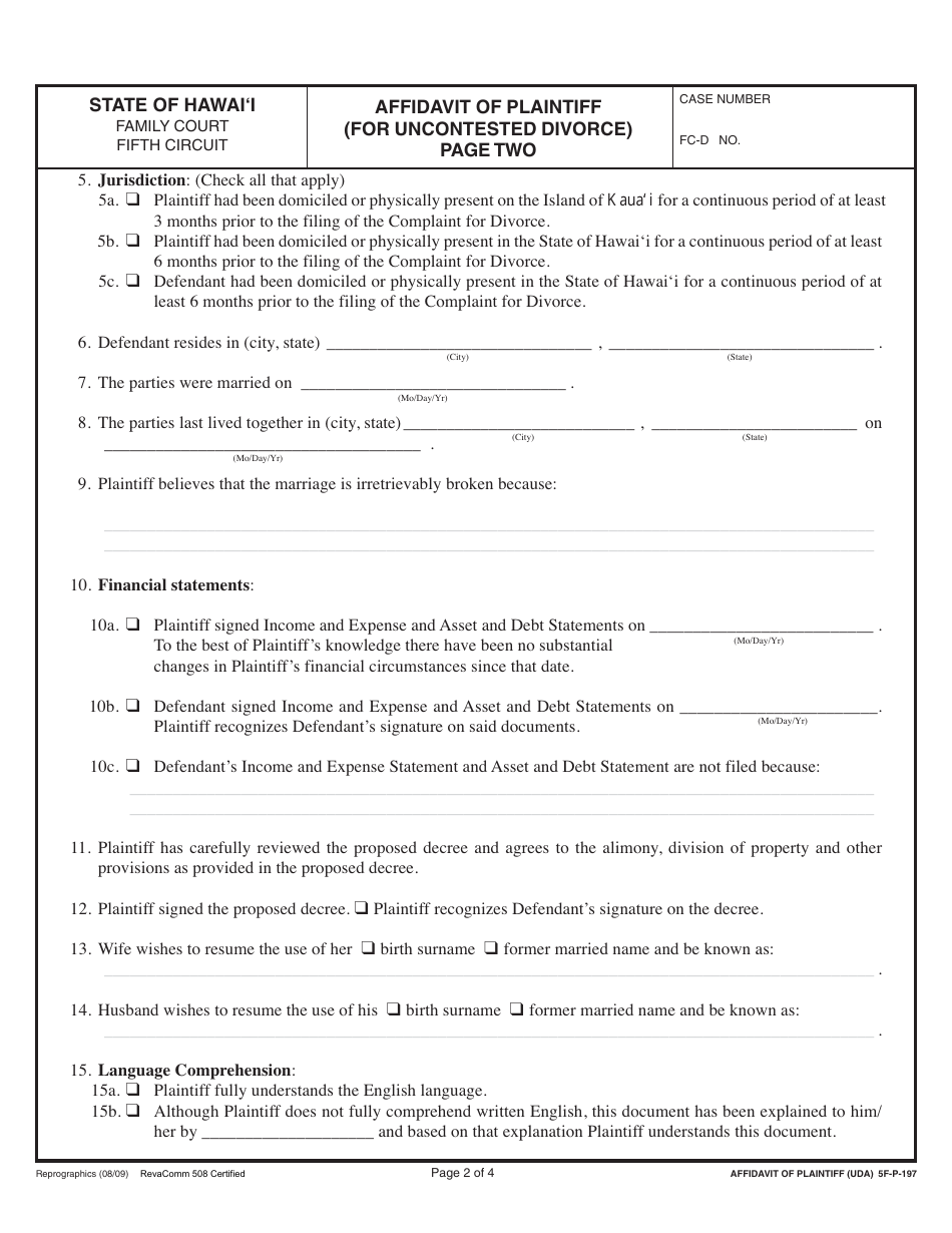 Form 5F-P-183 Uncontested Divorce Without Children (Instructions and Forms) - Hawaii, Page 26