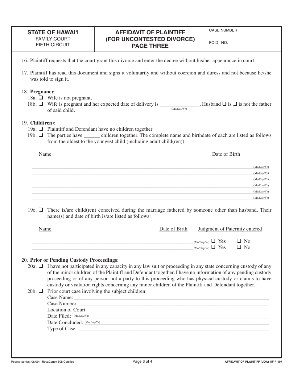 Form 5F-P-183 Uncontested Divorce Without Children (Instructions and Forms) - Hawaii, Page 27