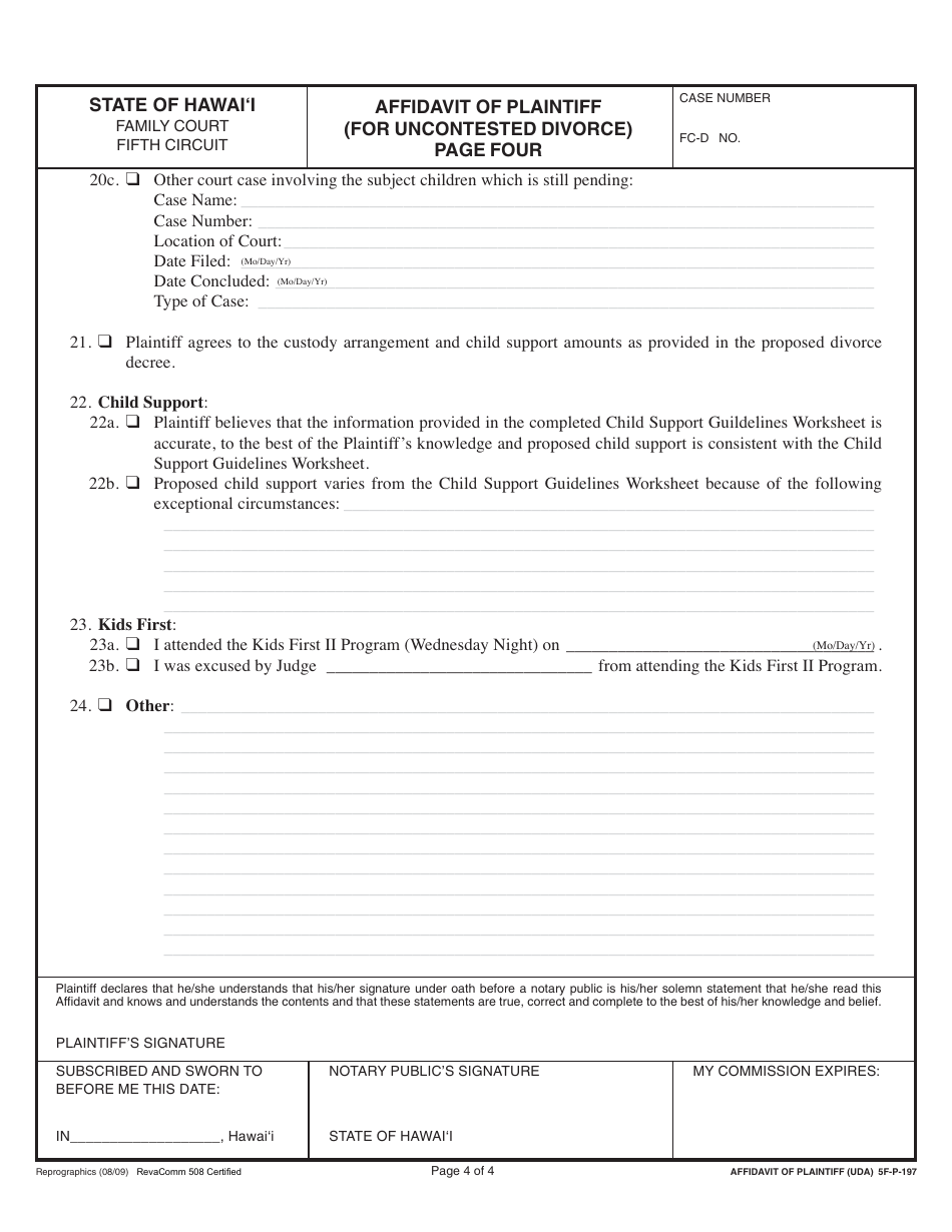 Form 5F-P-183 Uncontested Divorce Without Children (Instructions and Forms) - Hawaii, Page 28