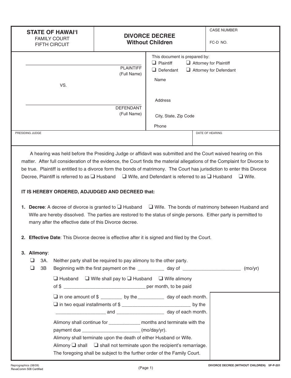 Form 5F-P-183 Uncontested Divorce Without Children (Instructions and Forms) - Hawaii, Page 33