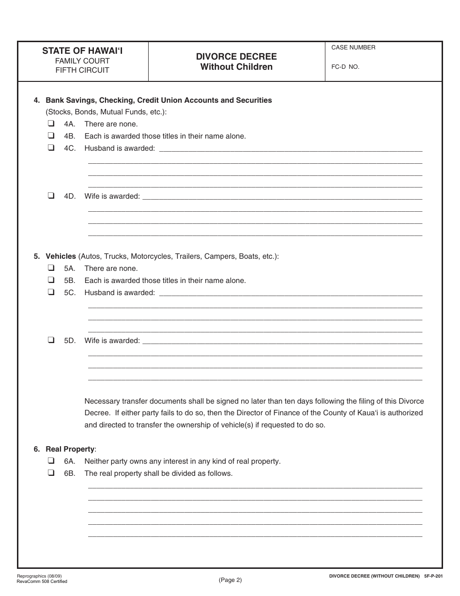Form 5F-P-183 Uncontested Divorce Without Children (Instructions and Forms) - Hawaii, Page 34
