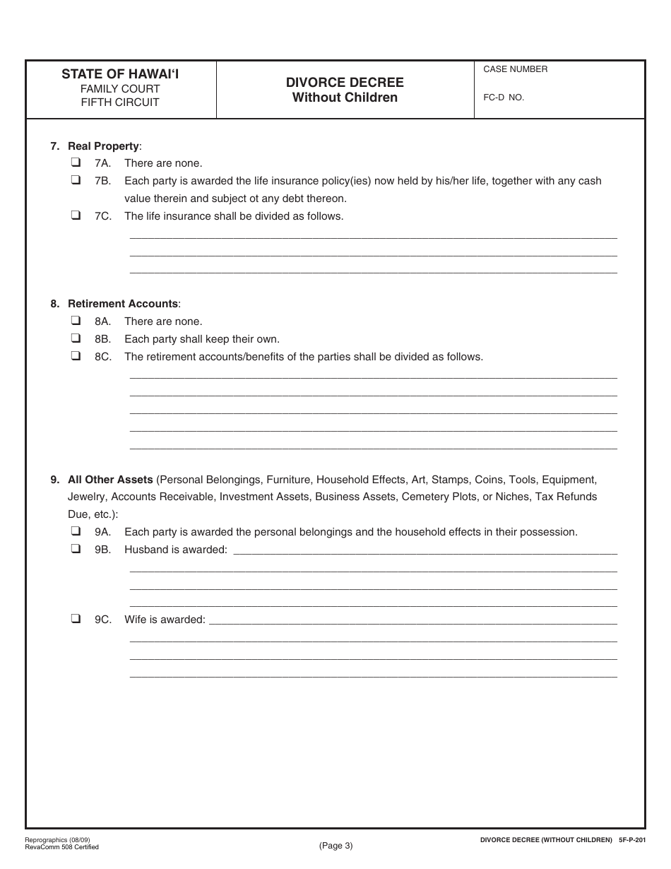 Form 5F-P-183 Uncontested Divorce Without Children (Instructions and Forms) - Hawaii, Page 35