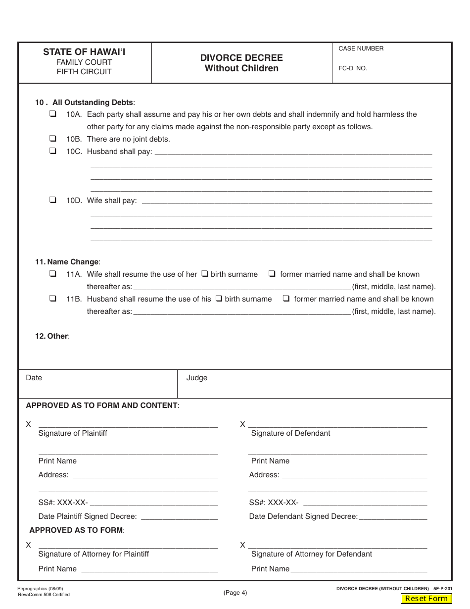 Form 5F-P-183 Uncontested Divorce Without Children (Instructions and Forms) - Hawaii, Page 36