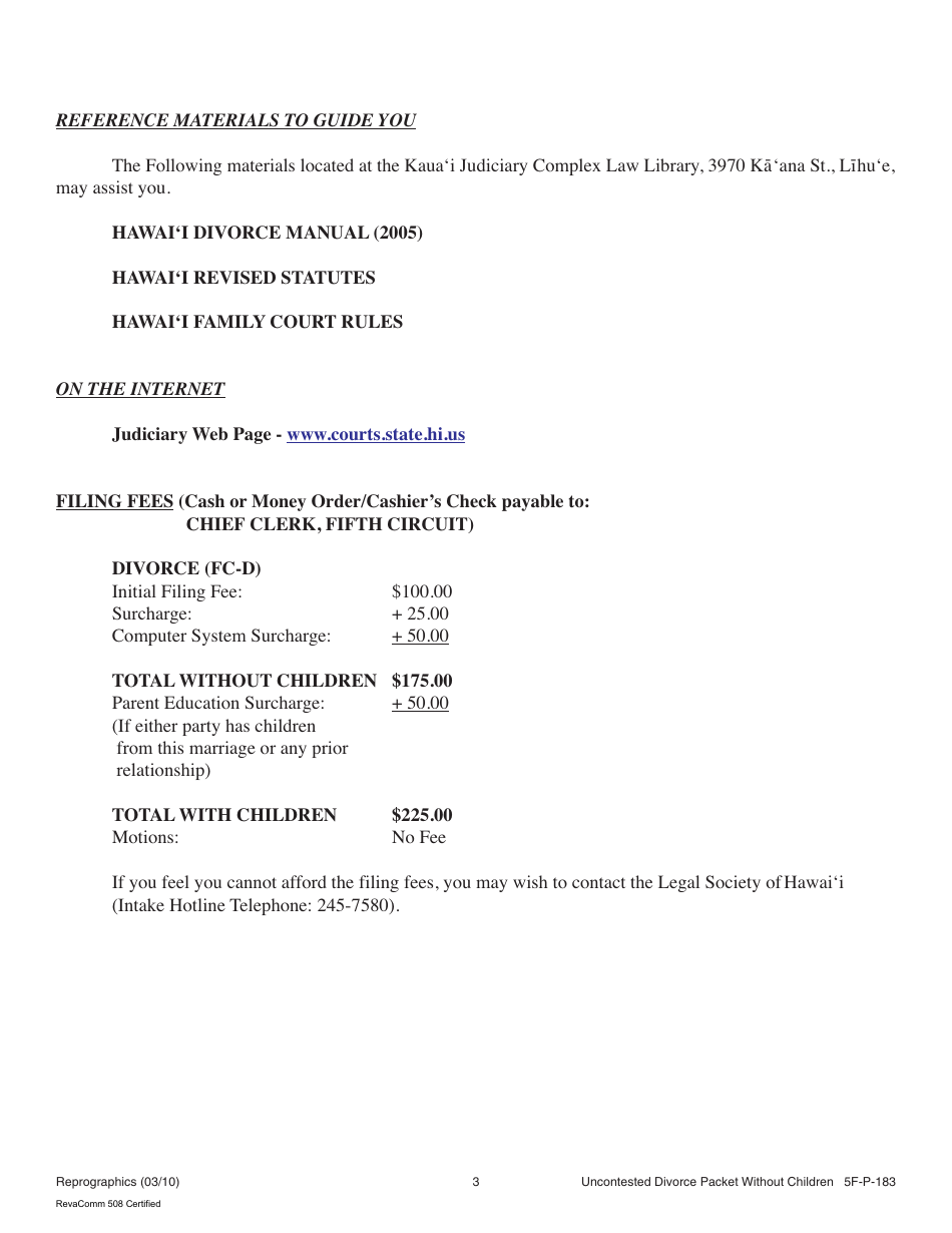 Form 5F-P-183 Uncontested Divorce Without Children (Instructions and Forms) - Hawaii, Page 3