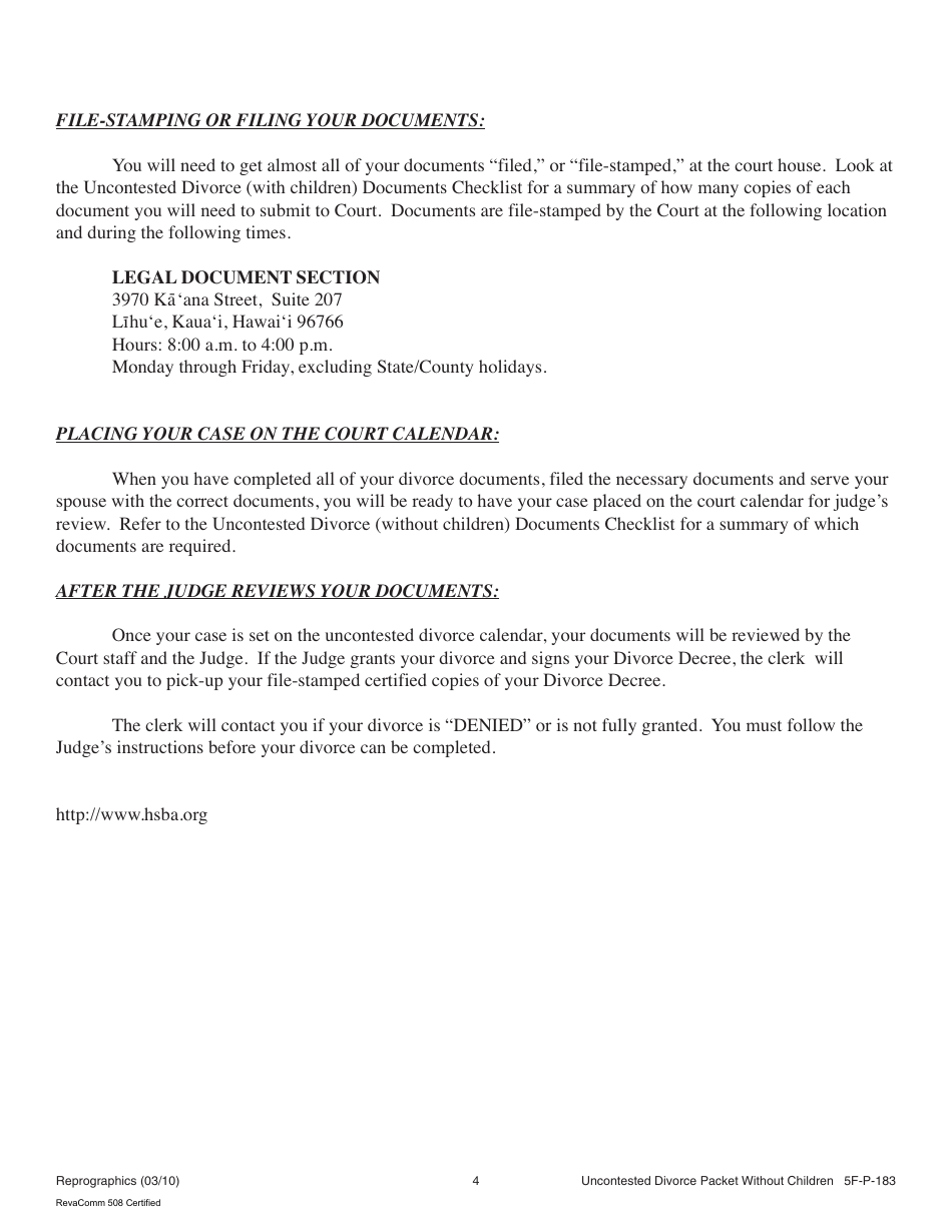Form 5F-P-183 Uncontested Divorce Without Children (Instructions and Forms) - Hawaii, Page 4