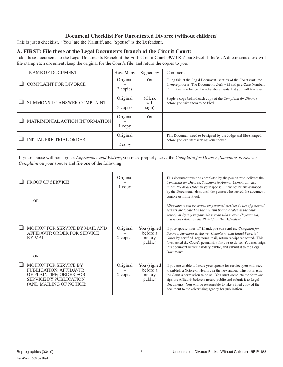 Form 5F-P-183 Uncontested Divorce Without Children (Instructions and Forms) - Hawaii, Page 5