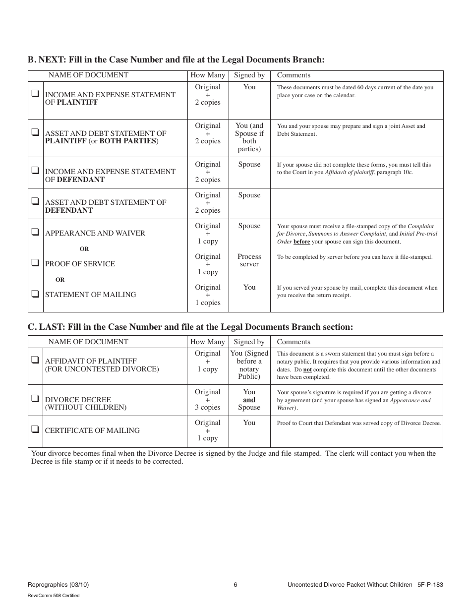 Form 5F-P-183 Uncontested Divorce Without Children (Instructions and Forms) - Hawaii, Page 6