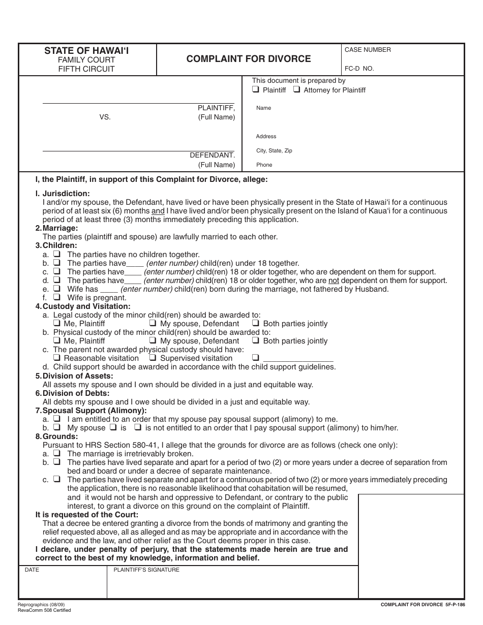 Form 5F-P-183 Uncontested Divorce Without Children (Instructions and Forms) - Hawaii, Page 7