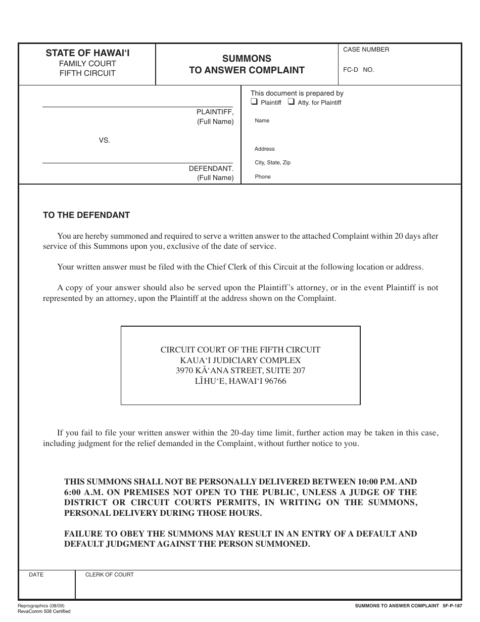 Form 5F-P-183 Uncontested Divorce Without Children (Instructions and Forms) - Hawaii, Page 8