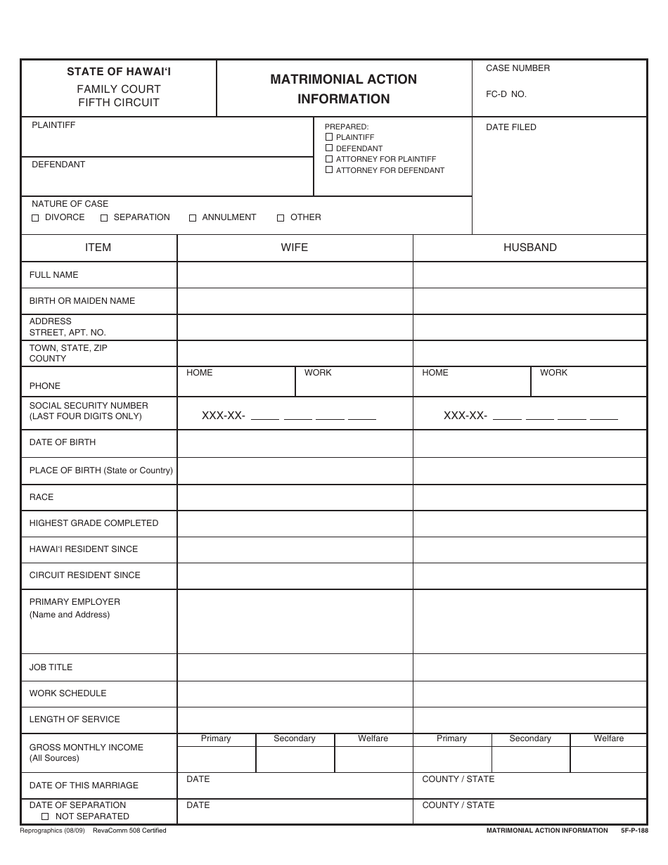 Form 5F-P-183 Uncontested Divorce Without Children (Instructions and Forms) - Hawaii, Page 9