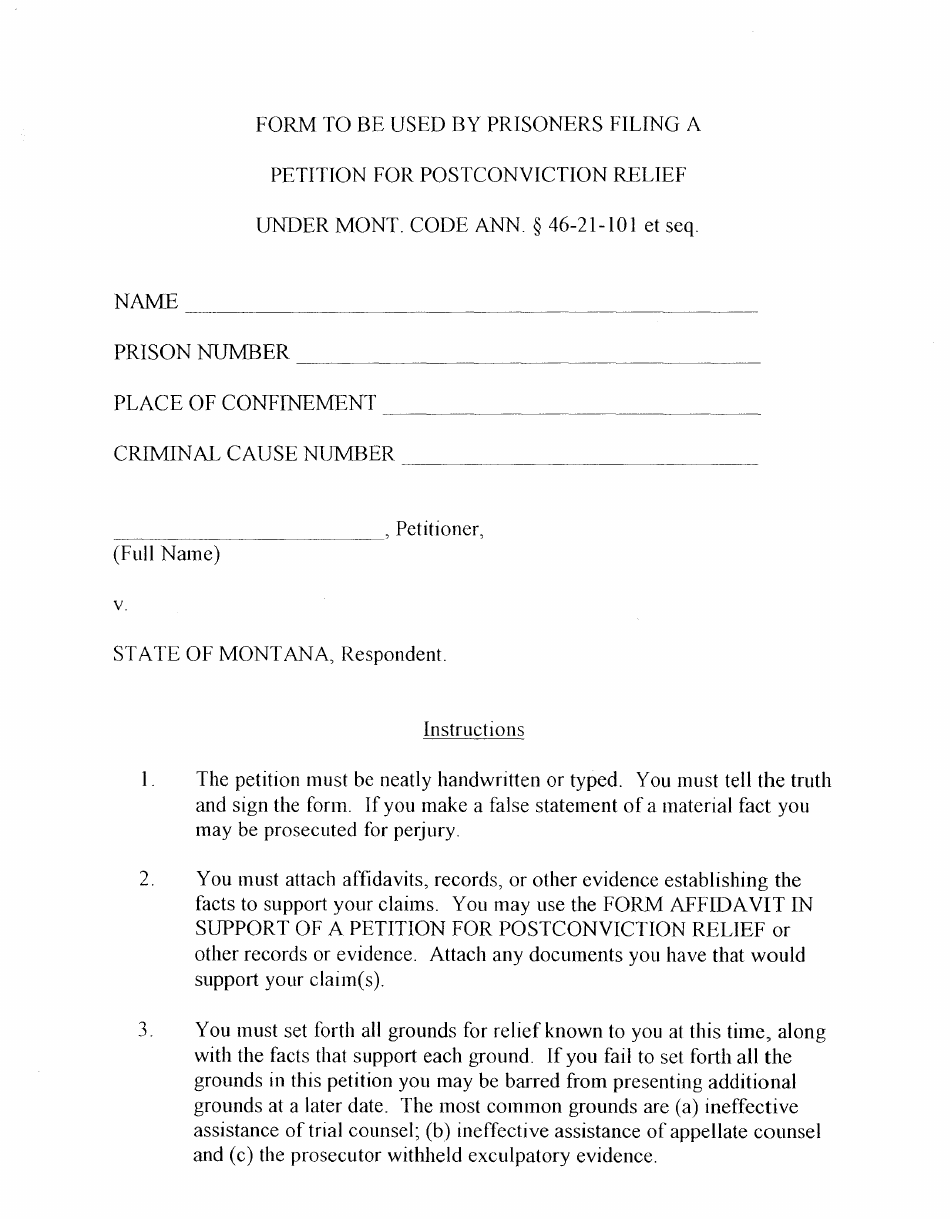 Petition for Postconviction Relief - Montana, Page 1