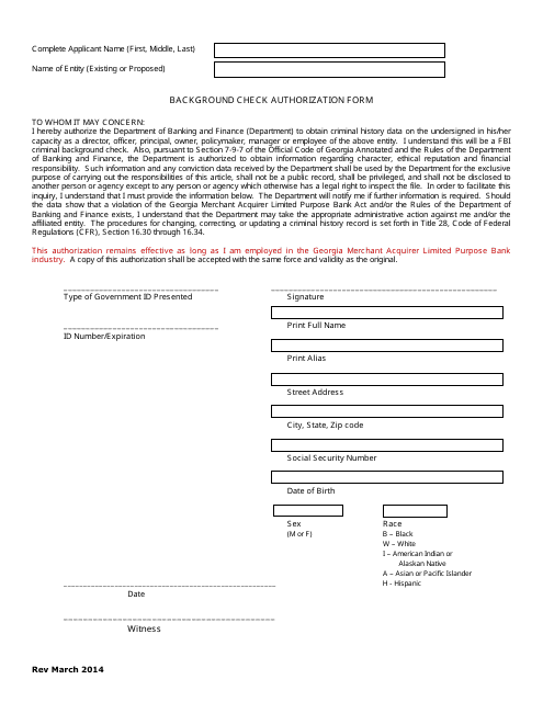 Background Check Authorization Form - Georgia (United States) Download Pdf