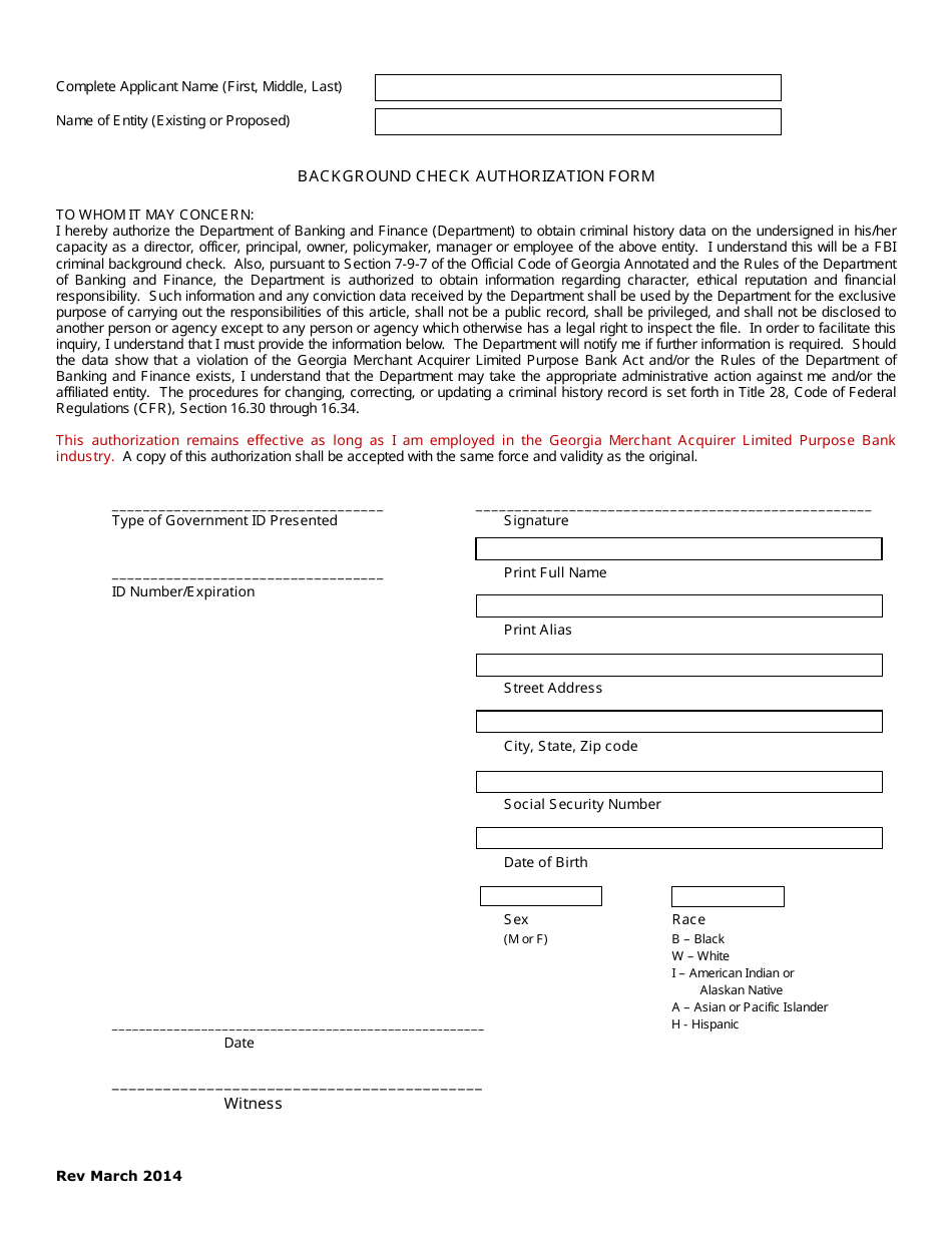Background Check Authorization Form - Georgia (United States), Page 1