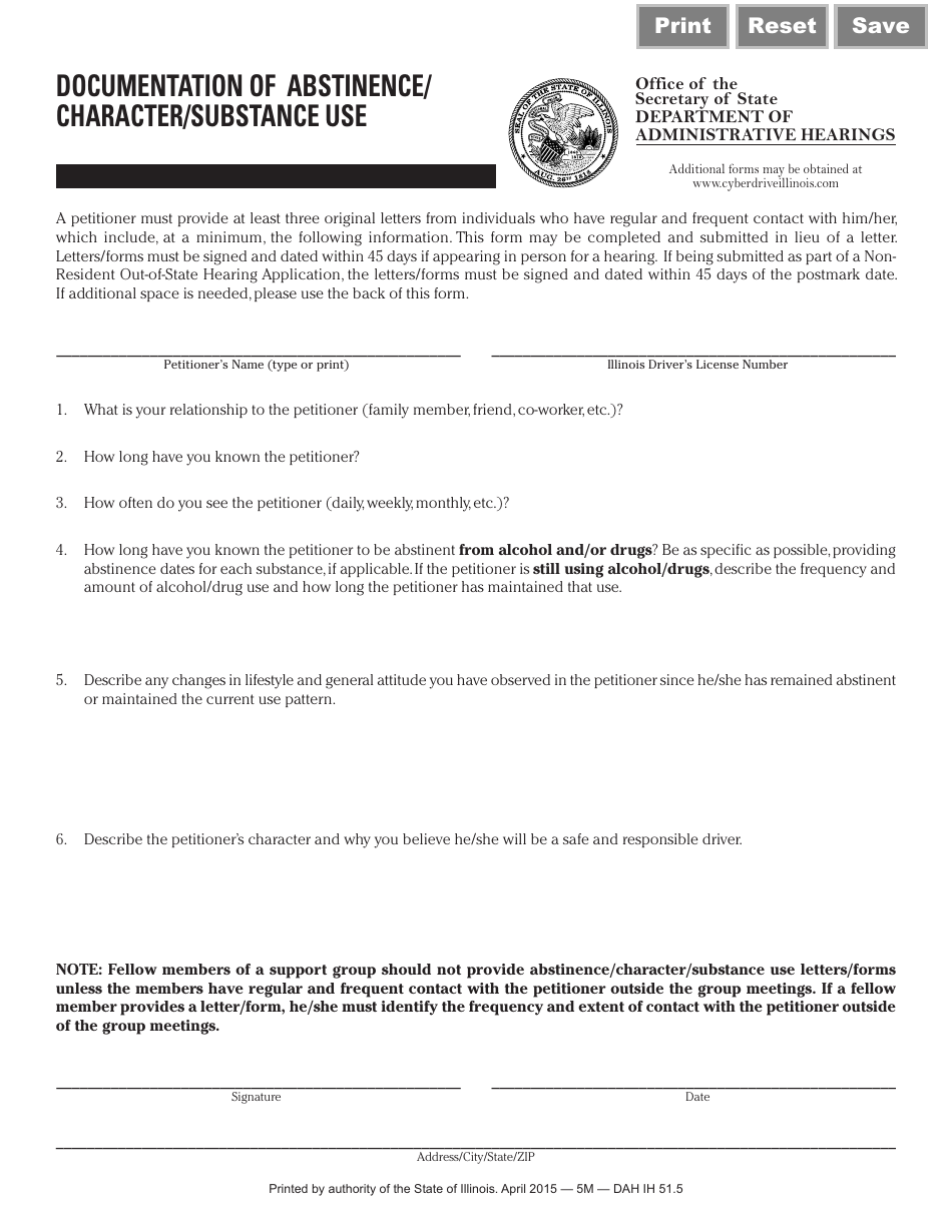 Form DAH(IH51.5 Documentation of Abstinence / Character / Substance Use - Illinois, Page 1
