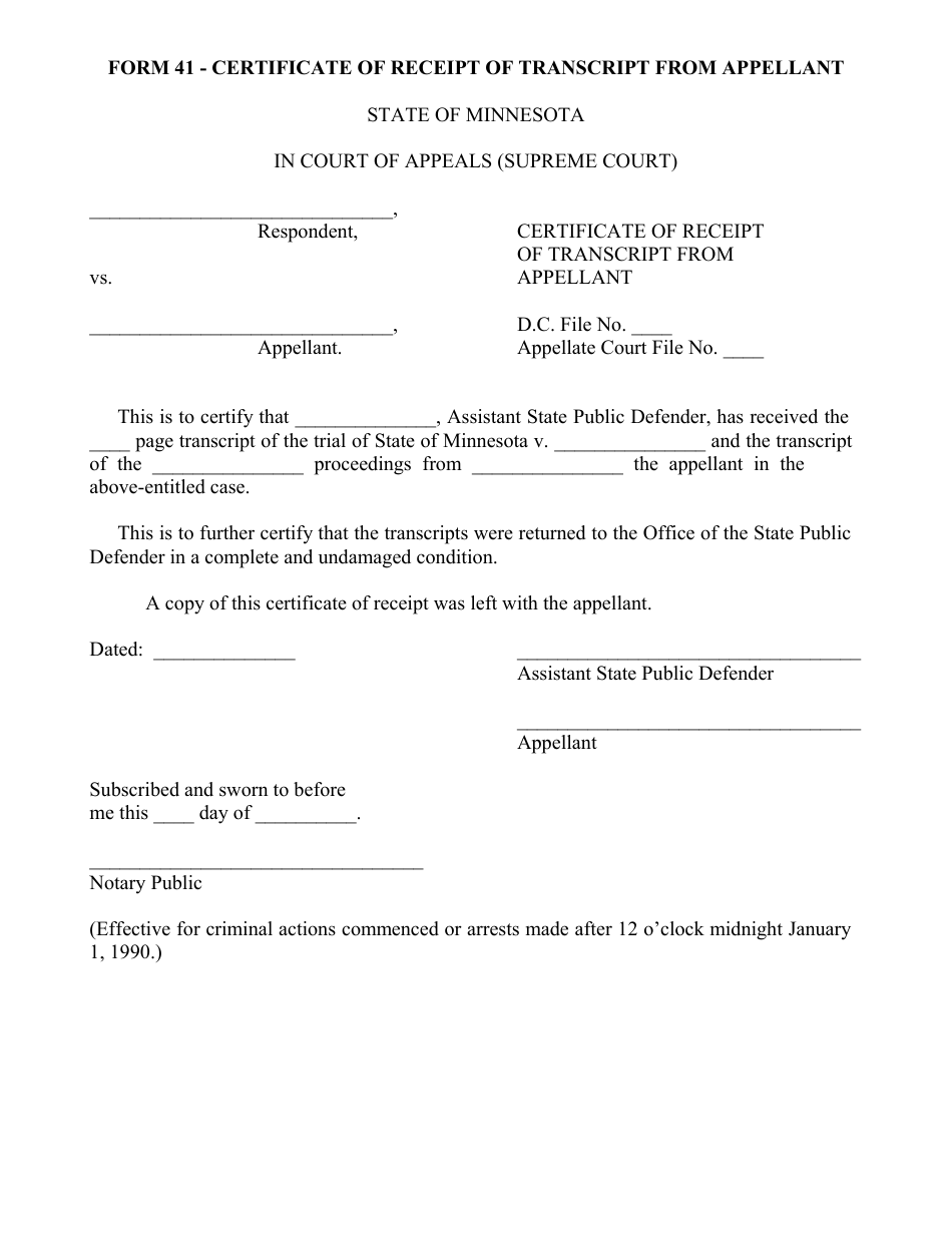 Form 41 Certificate or Receipt of Transcript From Appellant - Minnesota, Page 1