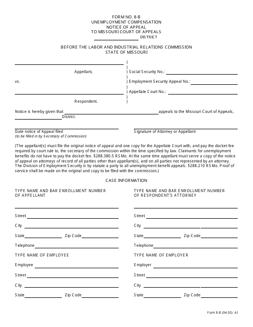 Form 8-B Unemployment Compensation Notice of Appeal to Missouri Court of Appeals - Missouri