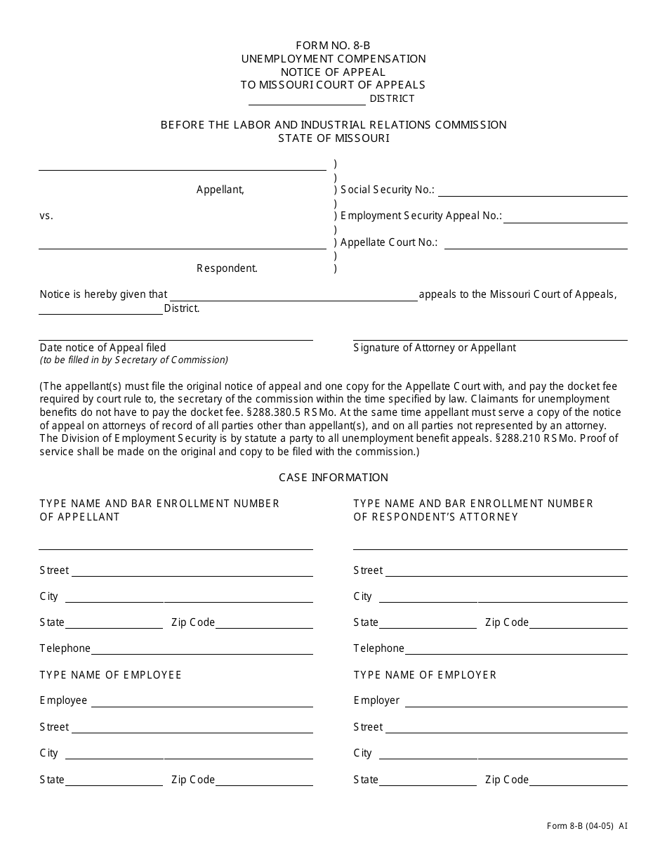 Form 8-B Unemployment Compensation Notice of Appeal to Missouri Court of Appeals - Missouri, Page 1