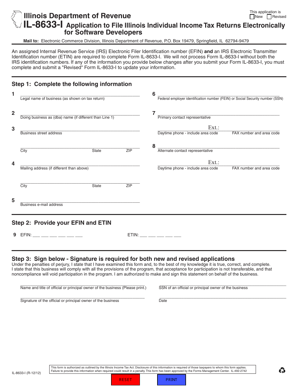 Form IL-8633-I Application to File Illinois Individual Income Tax Returns Electronically for Software Developers - Illinois, Page 1