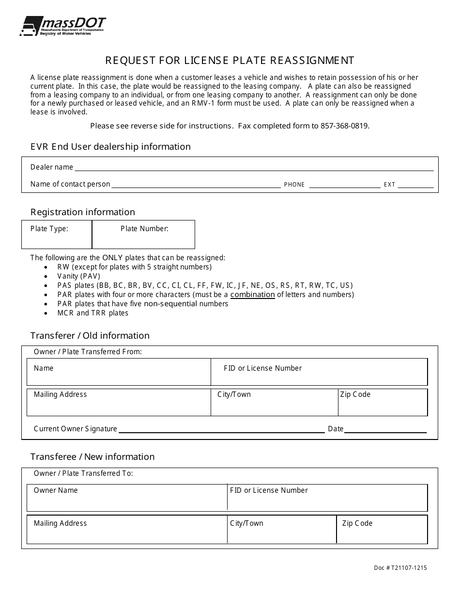 Form T21107 Request for License Plate Reassignment - Massachusetts, Page 1