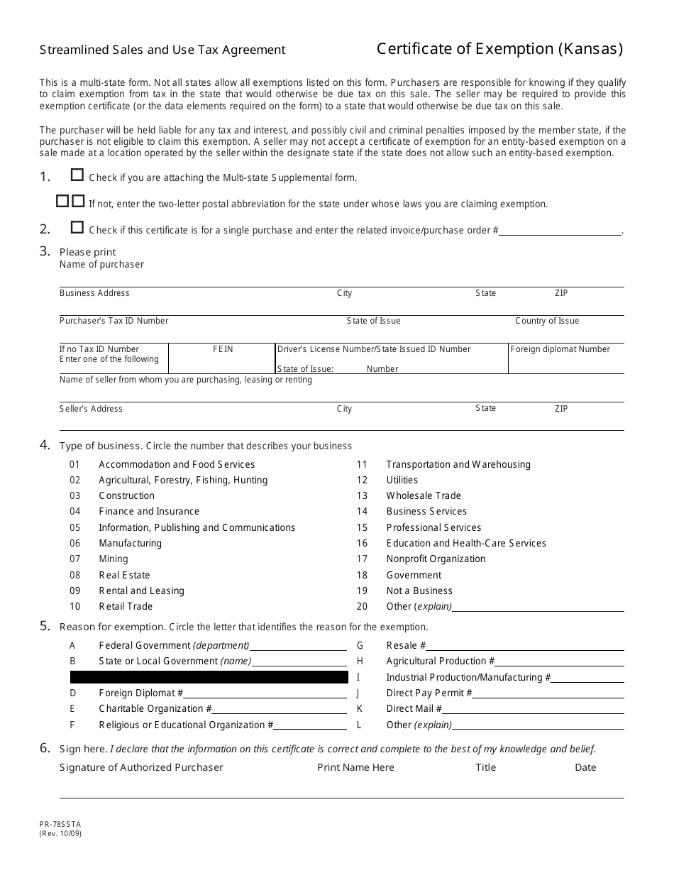 Form PR-78SSTA Streamlined Sales and Use Tax Agreement Certificate of Exemption (Kansas) - Kansas, Page 1