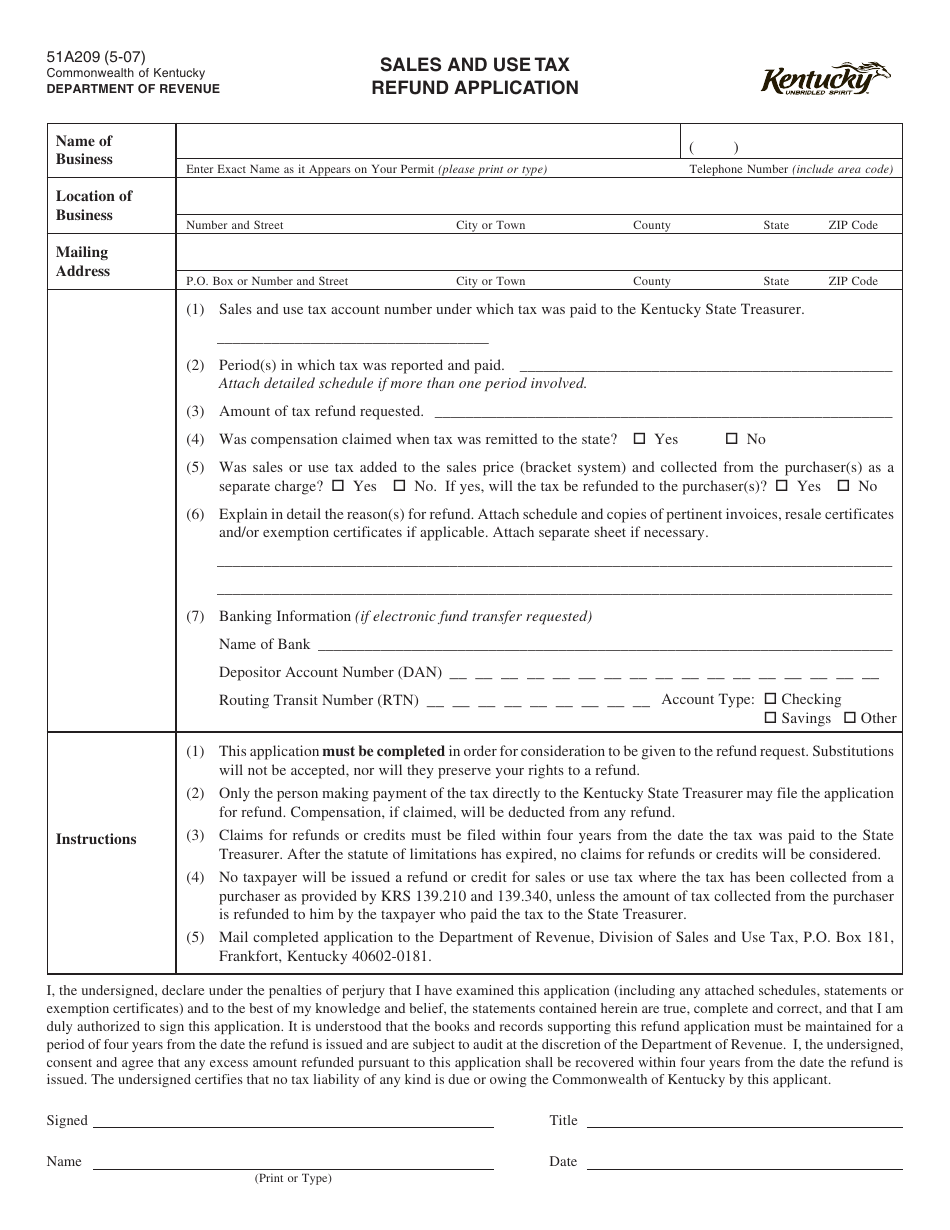 Form 51A209 Sales and Use Tax Refund Application - Kentucky, Page 1