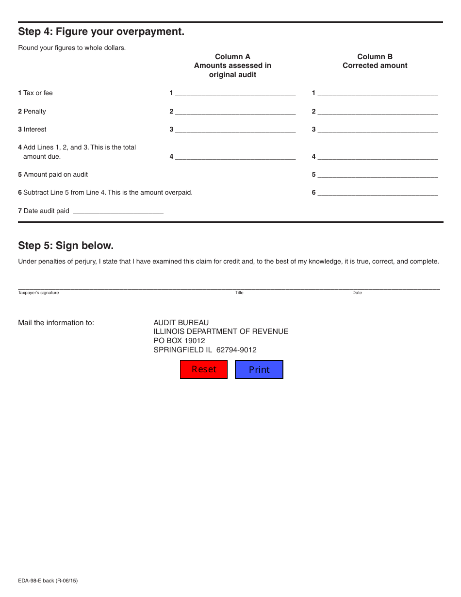 Form EDA-98-E Claim for Credit (Audited Periods Only) (Excise Taxes and Fees) - Illinois, Page 2