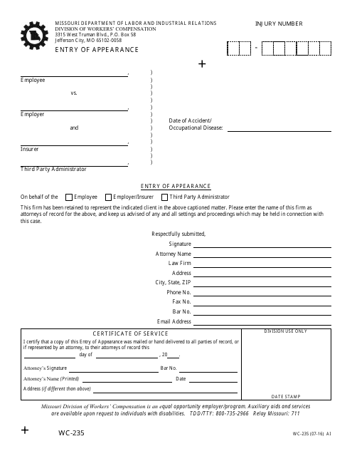 Form WC-235 Entry of Appearance - Missouri