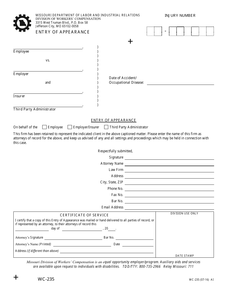 Form WC-235 Entry of Appearance - Missouri, Page 1