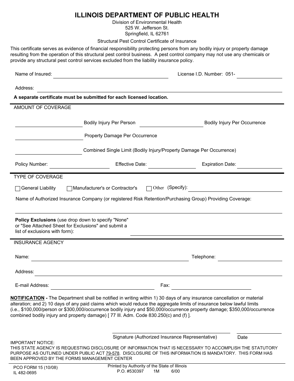PCO Form 15 Structural Pest Control Certificate of Insurance - Illinois, Page 1