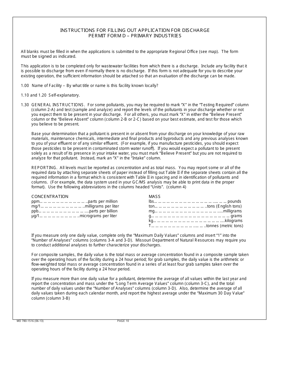 Form MO780-1516 (D) Application for Discharge Permit - Primary Industries - Missouri, Page 10