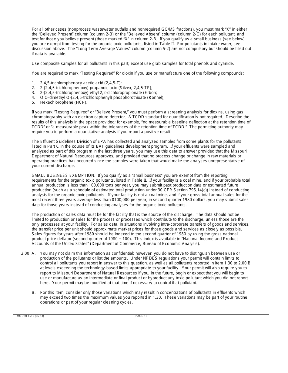 Form MO780-1516 (D) Application for Discharge Permit - Primary Industries - Missouri, Page 13