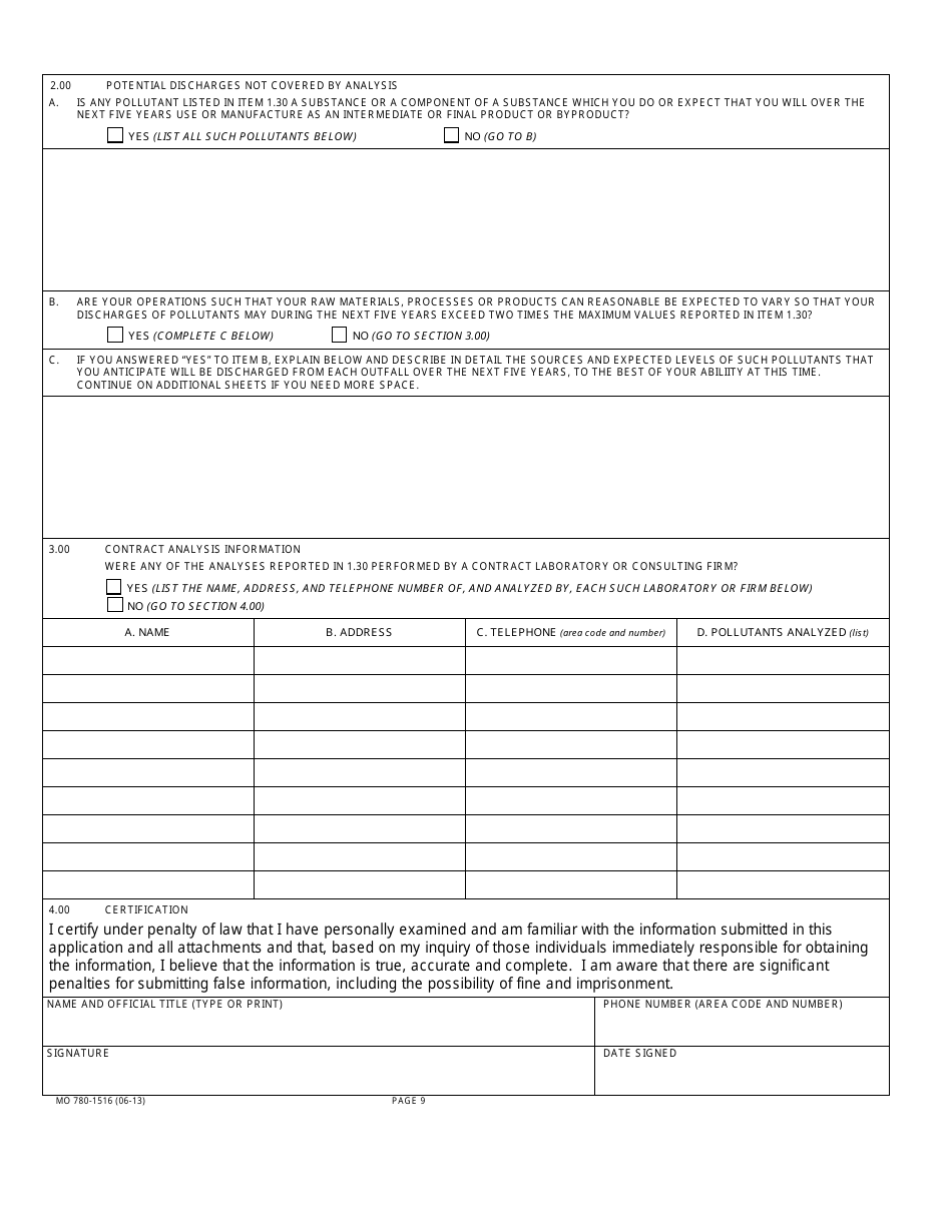 Form MO780-1516 (D) Application for Discharge Permit - Primary Industries - Missouri, Page 9