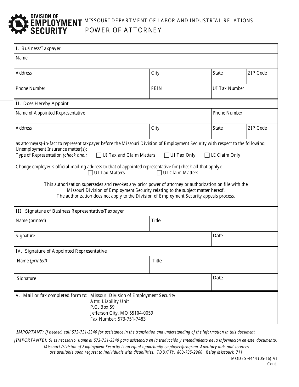 Form MODES-4444 Power of Attorney - Missouri, Page 1