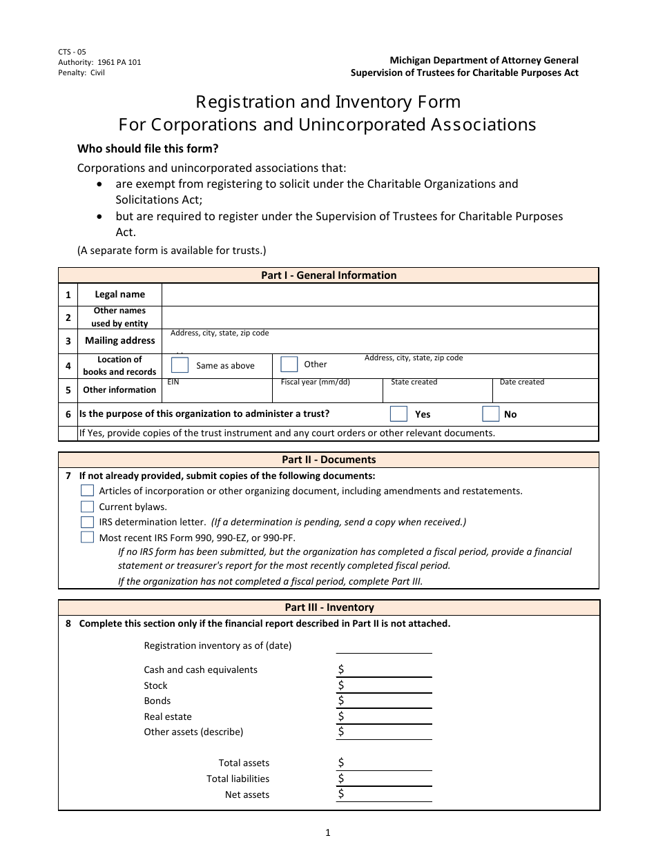 Form CTS-05 Registration and Inventory Form for Corporations and Unincorporated Associations - Michigan, Page 1
