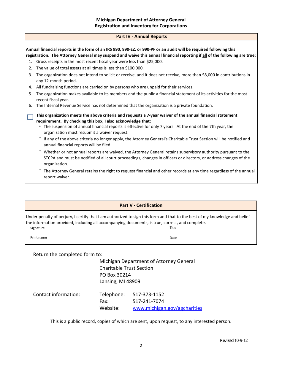 Form CTS-05 Registration and Inventory Form for Corporations and Unincorporated Associations - Michigan, Page 2
