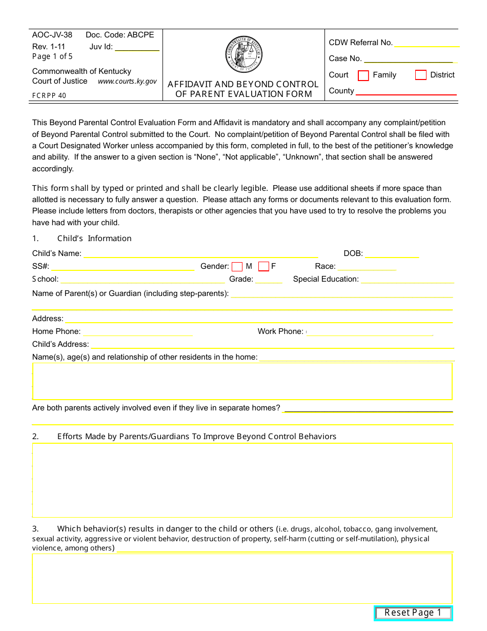 Form Aoc Jv 38 Download Fillable Pdf Or Fill Online Affidavit And Beyond Control Of Parent Evaluation Form Kentucky Templateroller