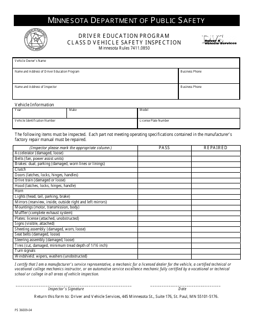 Form PS36009-04 Driver Education Program Class D Vehicle Safety Inspection - Minnesota