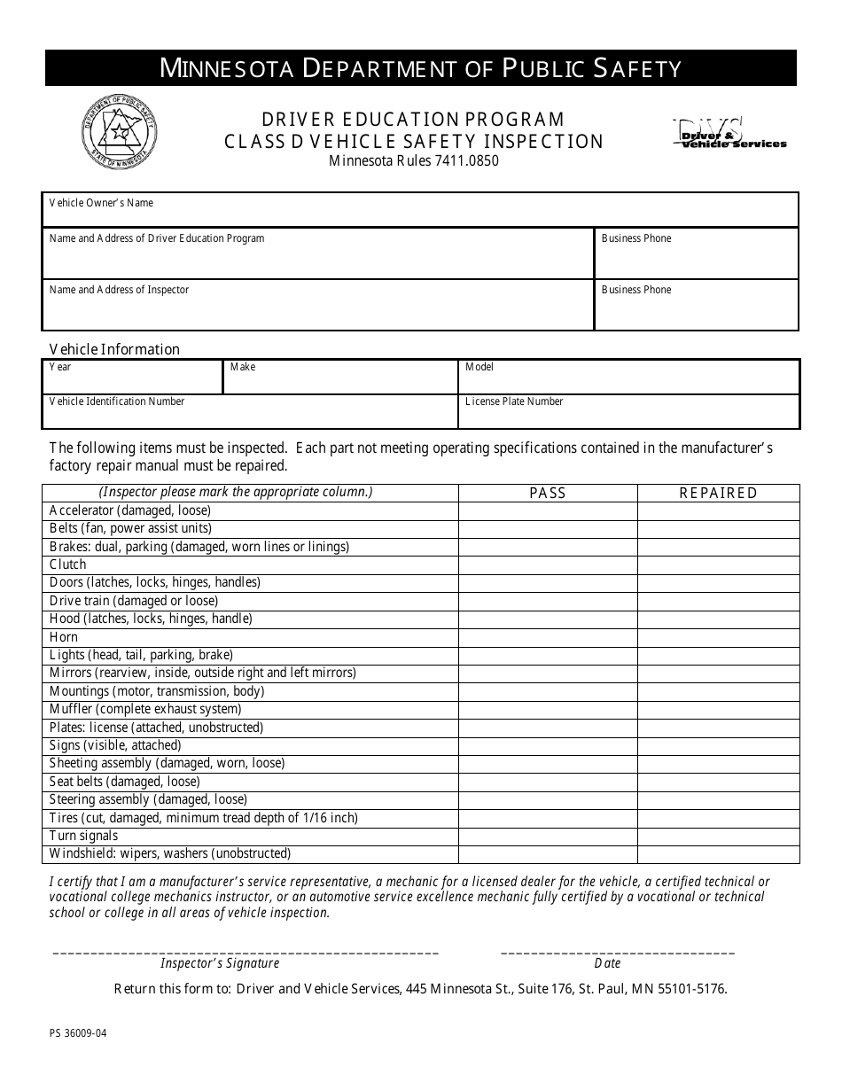 Form PS36009-04 Driver Education Program Class D Vehicle Safety Inspection - Minnesota, Page 1