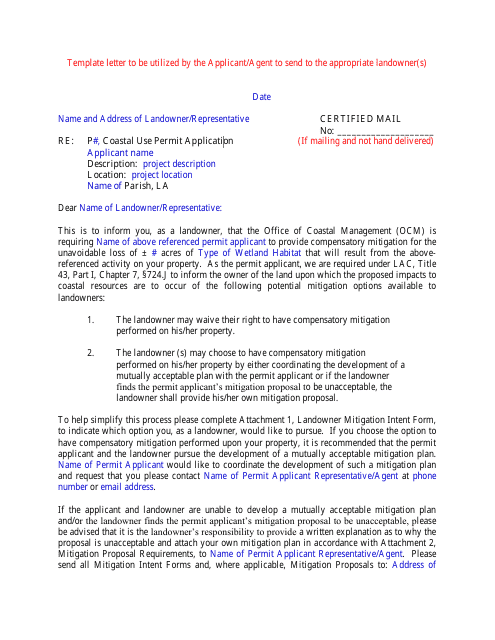 Ocm Letter to Applicant - Applicant Is Not Landowner - Louisiana