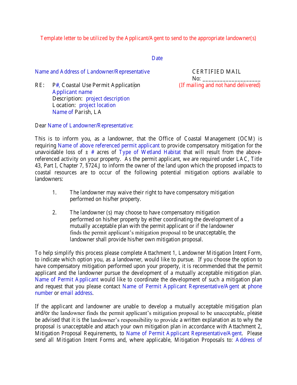 Ocm Letter to Applicant - Applicant Is Not Landowner - Louisiana, Page 1
