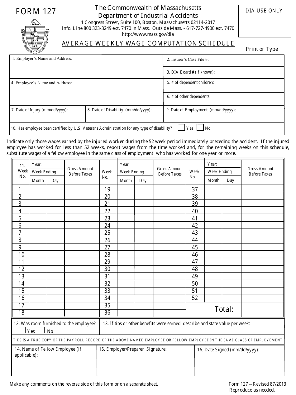 Form 127 Average Weekly Wage Computation Schedule - Massachusetts, Page 1