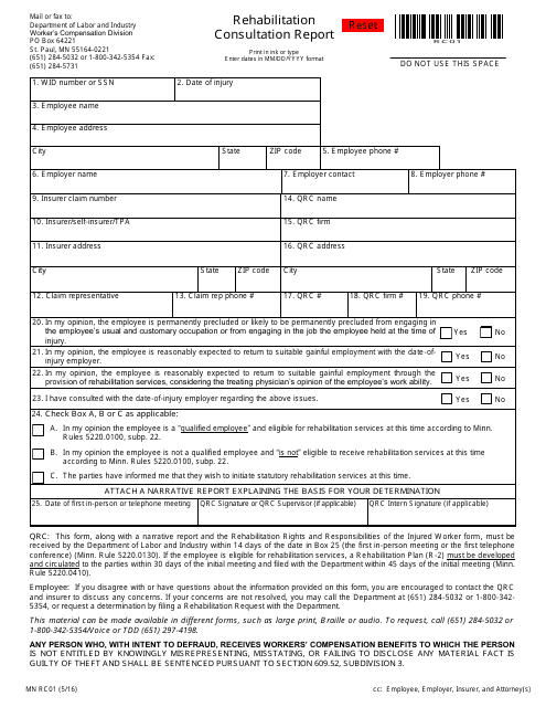 Form MN RC01 Rehabilitation Consultation Report - Minnesota