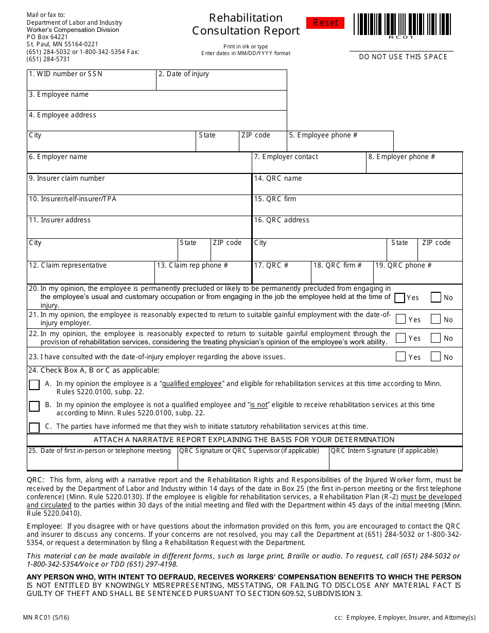Form MN RC01 Rehabilitation Consultation Report - Minnesota, Page 1