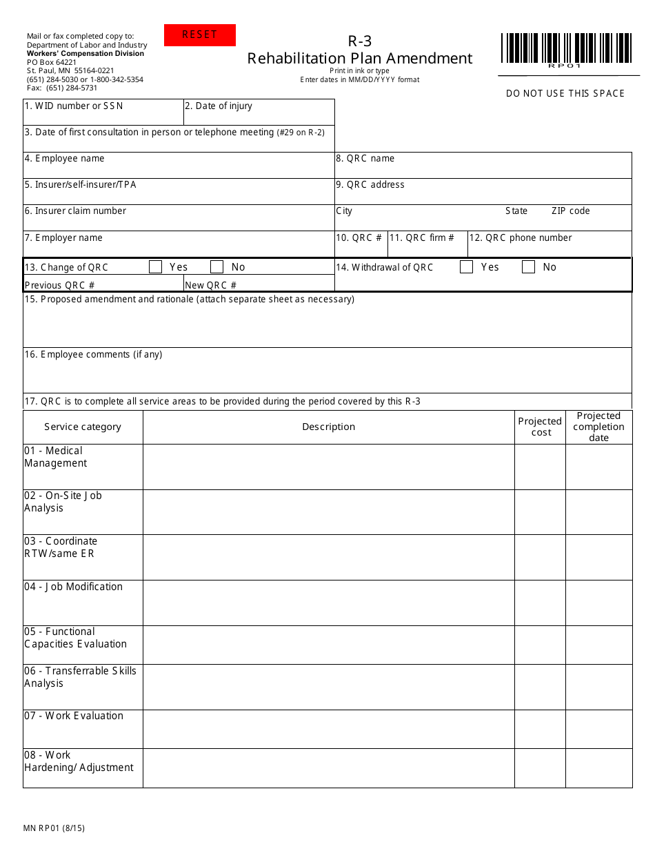 Form MN RP01 (R-3) Rehabilitation Plan Amendment - Minnesota, Page 1