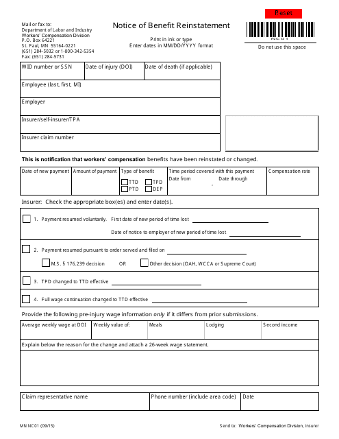 Form MN NC01 Notice of Benefit Reinstatement - Minnesota